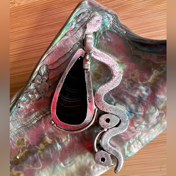 Banded Black Agate Silver Snake Pendant - Picture 2 of 7